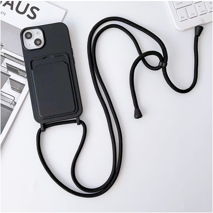 Mobigear Lanyard Card iPhone 15 Plus Siliconen Hoesje met koord en Pasjeshouder - Zwart