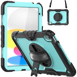 Mobigear SureGrip Xtreme iPad 10 (2022) Hoes Hard Kunststof,Siliconen Backcover + Schouderband + Standaard - Zwart / Blauw