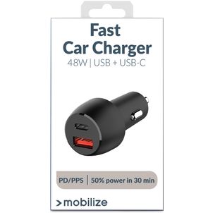 Mobilize Dual USB / USB-C Autolader Power Delivery 48W - Zwart