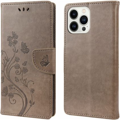 Mobigear Flowers iPhone 14 Pro Hoesje Bookcase Portemonnee - Grijs