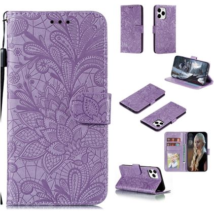 Mobigear Flowers iPhone 12 Pro Hoesje Bookcase Portemonnee - Paars