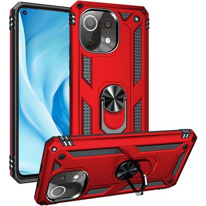 Mobigear Armor Ring Xiaomi Mi 11 Lite Hoesje Hardcase Backcover Shockproof met Ringhouder - Rood