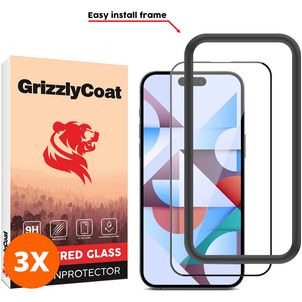 GrizzlyCoat Easy Fit iPhone 15 Pro Max Glazen Screenprotector - Case Friendly + Installatieframe - Zwart (3-Pack)