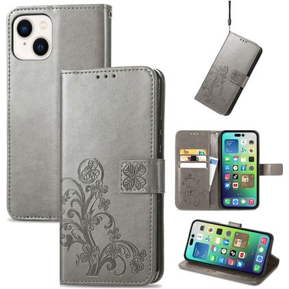 Mobigear Clover iPhone 15 Plus Hoesje Bookcase Portemonnee - Grijs