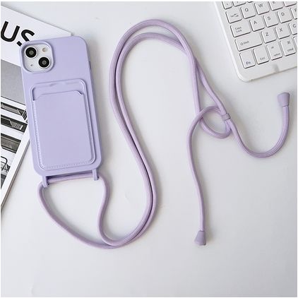 Mobigear Lanyard Card iPhone 15 Plus Siliconen Hoesje met koord en Pasjeshouder - Paars