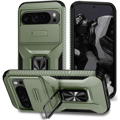 Mobigear Armor Ring Cam Slide Google Pixel 9 Pro XL Hoesje Hardcase Backcover Shockproof met Ringhouder en Camera Slider - Groen