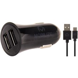 Mobilize Dual USB Autolader USB-C 1 m 12W 2.4A - Zwart