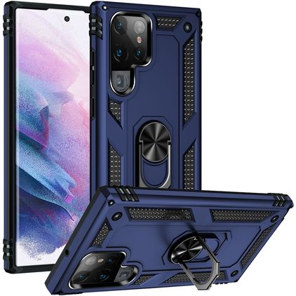 Mobigear Armor Ring Samsung Galaxy S22 Ultra Hoesje Hardcase Backcover Shockproof met Ringhouder - Blauw
