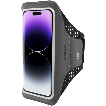 Mobiparts Comfort Fit Telefoonhouder Hardlopen iPhone 14 Pro Sport Hoesje Neopreen Sportarmband - Zwart
