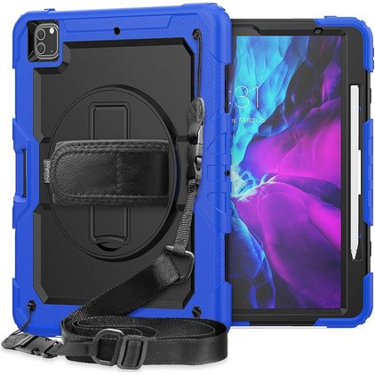 Mobigear SureGrip Xtreme iPad Pro 12.9 Inch (2020) Hoes Hard kunststof / Siliconen Backcover + Stylus Houder + Schouderband + Standaard - Zwart / Blauw