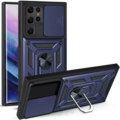 Mobigear Armor Ring Cam Slide Samsung Galaxy S22 Ultra Hoesje Hardcase Backcover Shockproof met Ringhouder - Blauw