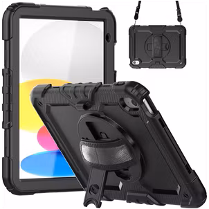Mobigear SureGrip Xtreme iPad 11 (2025) Hoes Hard Kunststof,Siliconen Backcover + Schouderband + Standaard - Zwart