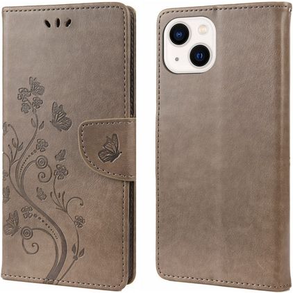 Mobigear Flowers iPhone 14 Hoesje Bookcase Portemonnee - Grijs