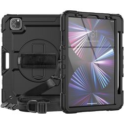 Mobigear SureGrip Xtreme iPad Pro 11 Inch (2024) Hoes Hard Kunststof,Siliconen Backcover + Stylus Houder + Schouderband + Standaard - Zwart