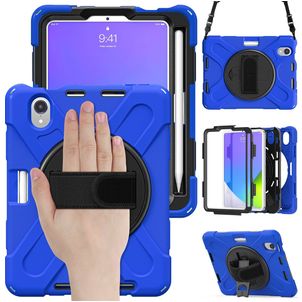 Mobigear SureGrip XGuard iPad Mini 6 (2021) Hoes Hard Kunststof,Siliconen Backcover + Stylus Houder + Schouderband + Standaard - Blauw