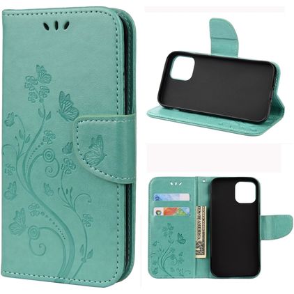 Mobigear Flowers iPhone 12 Mini Hoesje Bookcase Portemonnee - Turquoise