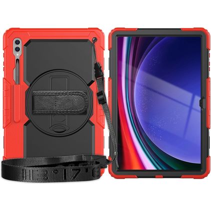 Mobigear SureGrip Xtreme Samsung Galaxy Tab S9 Ultra Hoes Hard Kunststof,Siliconen Backcover + Schouderband + Standaard - Zwart / Rood
