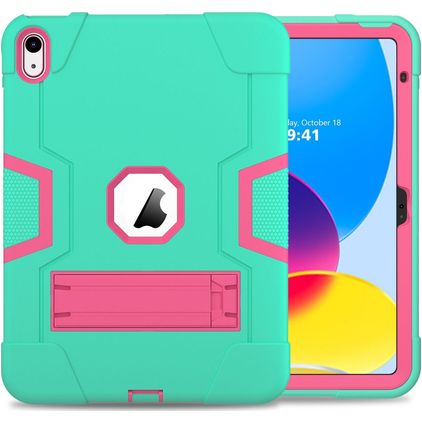 Mobigear ShieldStand iPad 11 (2025) Hoes Hard Kunststof,Siliconen Backcover + Standaard - Roze / Turquoise