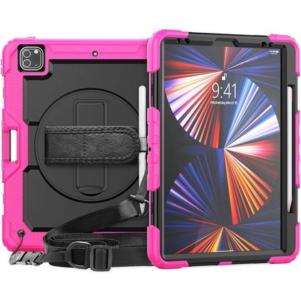 Mobigear SureGrip Xtreme iPad Pro 12.9 Inch (2022) Hoes Hard Kunststof,Siliconen Backcover + Stylus Houder + Schouderband + Standaard - Zwart / Roze