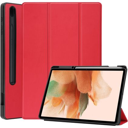 Mobigear Tri-Fold Gel Samsung Galaxy Tab S7 FE Hoes TPU,Kunstleer Bookcase + Stylus Houder - Rood