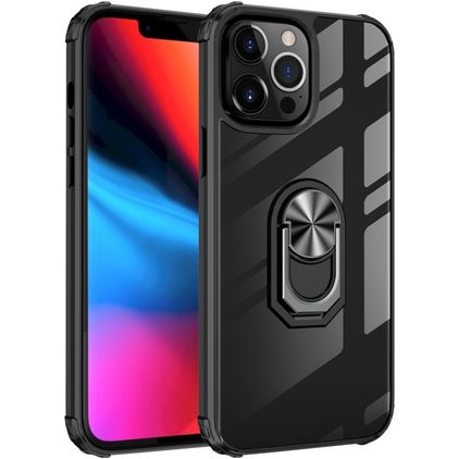 Mobigear Crystal Ring iPhone 14 Plus Hoesje Hardcase Backcover met Ringhouder - Transparant / Zwart