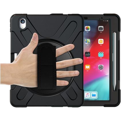 Mobigear SureGrip XGuard iPad Air 11 Inch (2025) Hoes Hard Kunststof,Siliconen Backcover + Stylus Houder + Schouderband + Standaard - Zwart