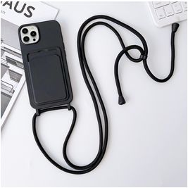Mobigear Lanyard Card iPhone 15 Pro Max Siliconen Hoesje met koord en Pasjeshouder - Zwart