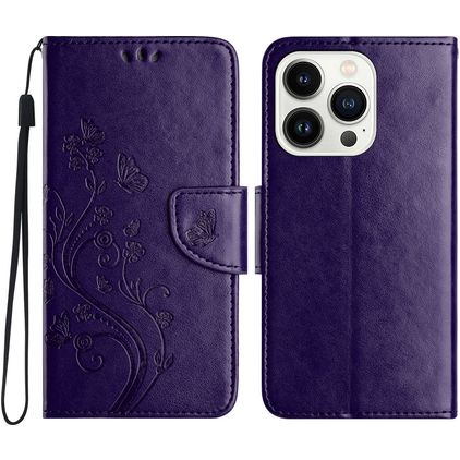 Mobigear Flowers iPhone 16 Pro Max Hoesje Bookcase Portemonnee - Paars