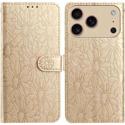 Mobigear Flowers iPhone 17 Pro Hoesje Bookcase Portemonnee - Goud