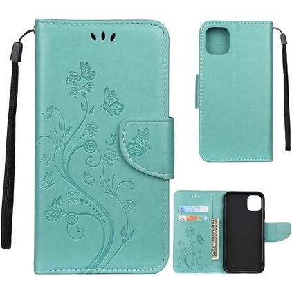 Mobigear Flowers iPhone 11 Pro Hoesje Bookcase Portemonnee - Turquoise