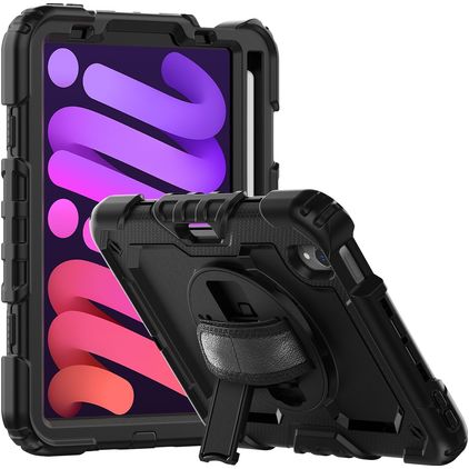 Mobigear SureGrip Xtreme iPad Mini 7 (2024) Hoes Hard Kunststof,Siliconen Backcover + Stylus Houder + Schouderband + Standaard - Zwart