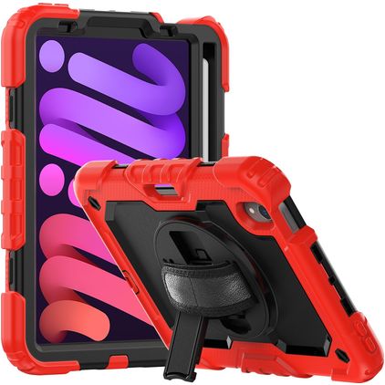 Mobigear SureGrip Xtreme iPad Mini 7 (2024) Hoes Hard Kunststof,Siliconen Backcover + Stylus Houder + Schouderband + Standaard - Zwart / Rood