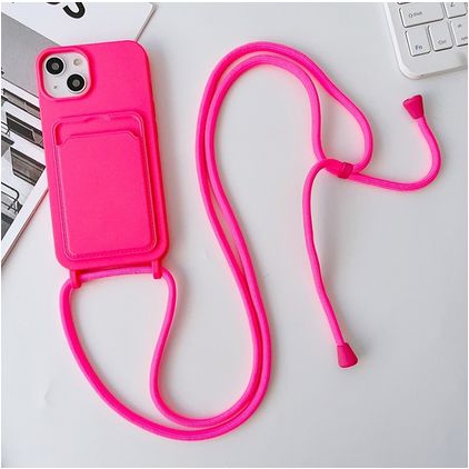 Mobigear Lanyard Card iPhone 15 Plus Siliconen Hoesje met koord en Pasjeshouder - Roze