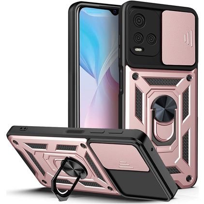 Mobigear Armor Ring Cam Slide Vivo Y33s Hoesje Hardcase Backcover Shockproof met Ringhouder en Camera Slider - Roségoud