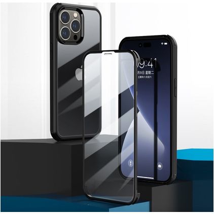 Valenta Full Cover iPhone 14 Pro Max Hoesje Gehard Glas Backcover Shockproof - Transparant / Zwart