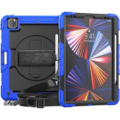 Mobigear SureGrip Xtreme iPad Pro 12.9 Inch (2021) Hoes Hard Kunststof,Siliconen Backcover + Stylus Houder + Schouderband + Standaard - Zwart / Blauw