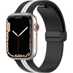 Mobigear Stripe Mag Siliconen Apple Watch Bandje Magneetsluiting - 49/46/45/44 mm - Zwart / Wit
