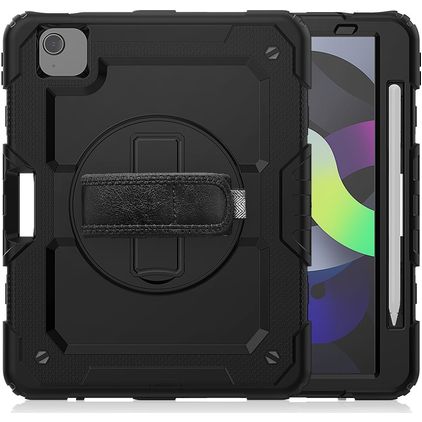 Mobigear SureGrip Xtreme iPad Air 5 (2022) Hoes Hard Kunststof,Siliconen Backcover + Stylus Houder + Schouderband + Standaard - Zwart