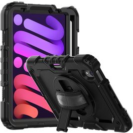 Mobigear SureGrip Xtreme iPad Mini 7 (2024) Hoes Hard Kunststof,Siliconen Backcover + Stylus Houder + Schouderband + Standaard - Zwart