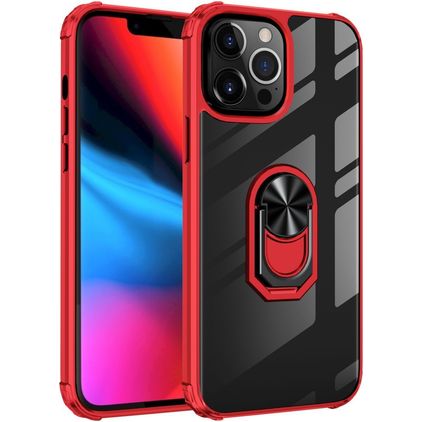 Mobigear Crystal Ring iPhone 14 Pro Max Hoesje Hardcase Backcover met Ringhouder - Transparant / Rood