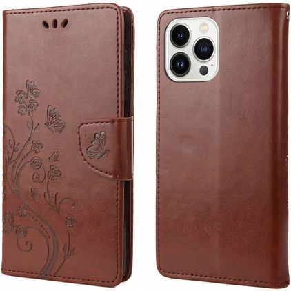 Mobigear Flowers iPhone 14 Pro Hoesje Bookcase Portemonnee - Bruin