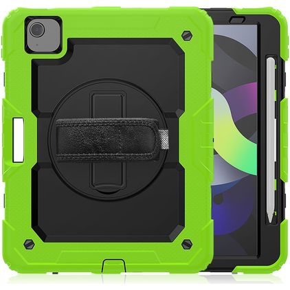 Mobigear SureGrip Xtreme iPad Air 5 (2022) Hoes Hard Kunststof,Siliconen Backcover + Stylus Houder + Schouderband + Standaard - Zwart / Groen