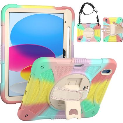 Mobigear SureGrip iPad 10 (2022) Hoes Hard Kunststof,Siliconen Backcover + Stylus Houder + Schouderband + Standaard - Rainbow