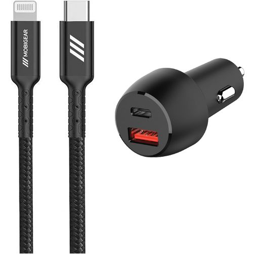 Mobigear Essentials Dual USB / USB-C Autolader Apple Lightning 1 m Power Delivery 48W - Zwart