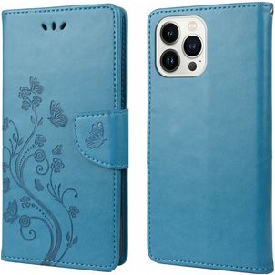 Mobigear Flowers iPhone 14 Pro Hoesje Bookcase Portemonnee - Blauw