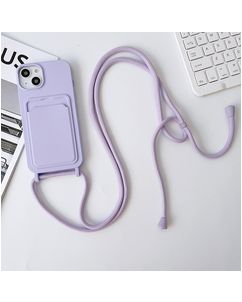 Mobigear Lanyard Card iPhone 15 Siliconen Hoesje met koord en Pasjeshouder - Paars