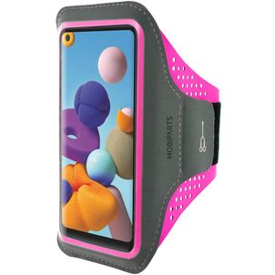 Mobiparts Comfort Fit Telefoonhouder Hardlopen Samsung Galaxy A21s Sport Hoesje Neopreen Sportarmband - Neon Pink