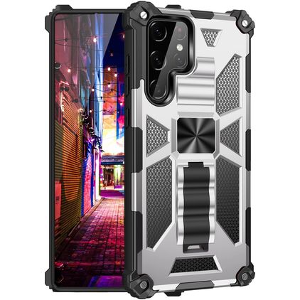 Mobigear Armor Stand Samsung Galaxy S22 Ultra Hoesje Hardcase Backcover Shockproof met Standaard - Zilver