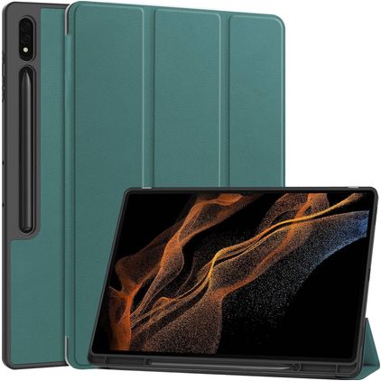 Mobigear Tri-Fold Gel Samsung Galaxy Tab S9 Ultra Hoes TPU,Kunstleer Bookcase + Stylus Houder - Groen