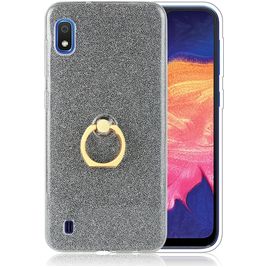 Mobigear Glitter Ring Samsung Galaxy A10 Hoesje Flexibel TPU Backcover met Ringhouder - Zwart